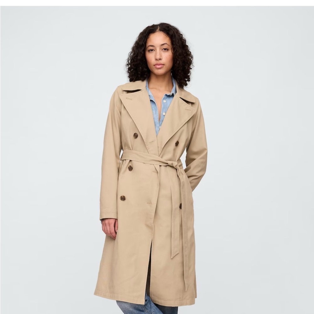 GAP Tan Trench Coat with Belted Waist and Notched Lapels